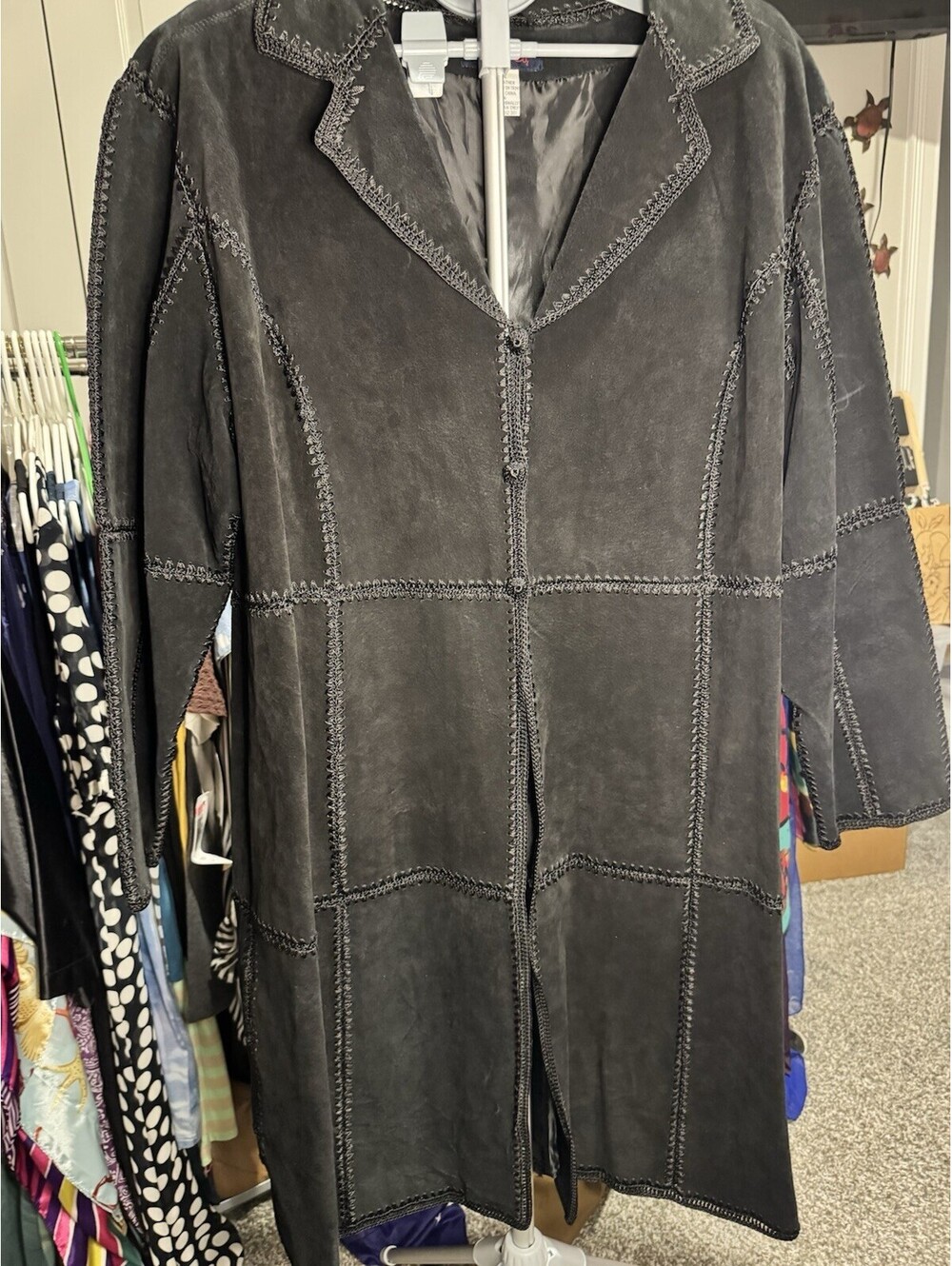 Vintage Denim & Co Embroidered  Black Suede Leather 3 Button Trench Blazer  - 2x